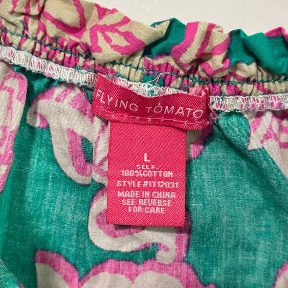 Flying Tomato Floral Boho Peasant Blouse Green Pink Cotton Size L - Picture 7 of 10